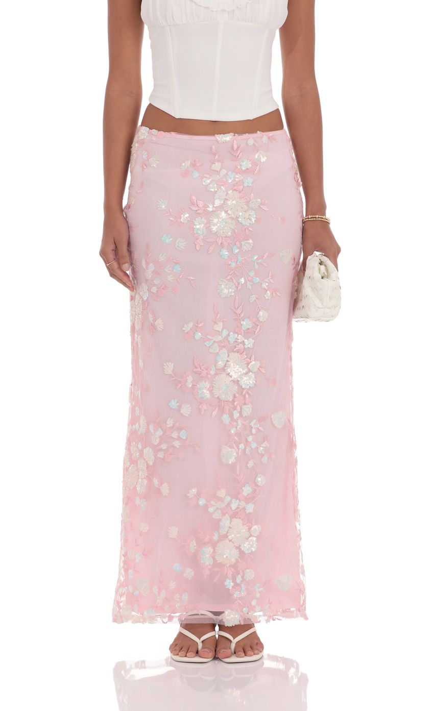Picture Sequin Floral Mesh Maxi Skirt in Pink. Source: https://media-img.lucyinthesky.com/data/product-media/850xAUTO/061c0d20-2db5-445f-930e-ee5eab87e3ea.jpg