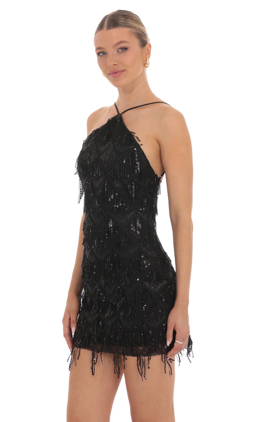 Product image for Fringe Sequin Open Back Dress in Black