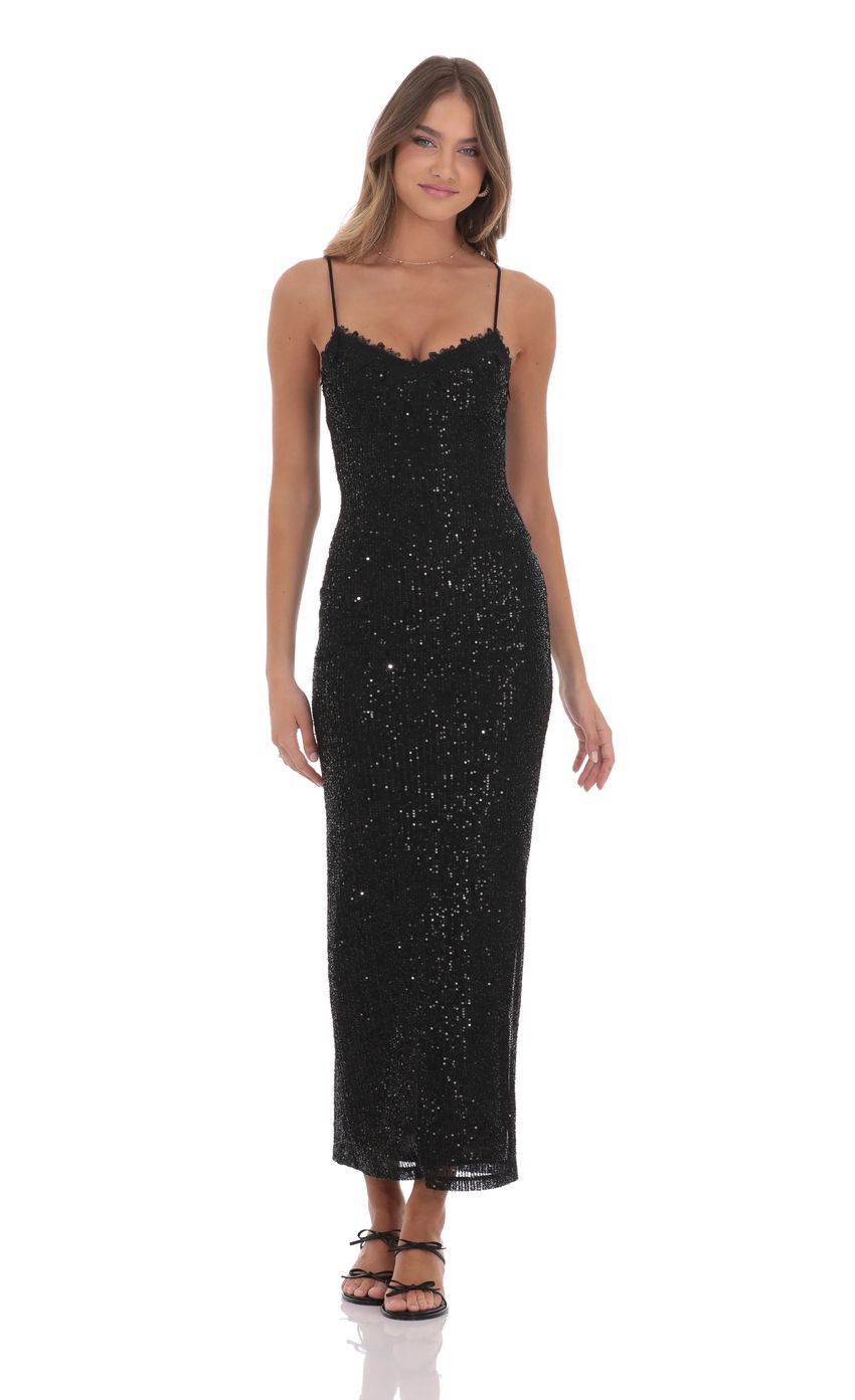 Picture Lace Trim Sequin Maxi Dress in Black. Source: https://media-img.lucyinthesky.com/data/product-media/850xAUTO/06a15bde-5bdb-4625-a676-22cf1d61a227.jpg