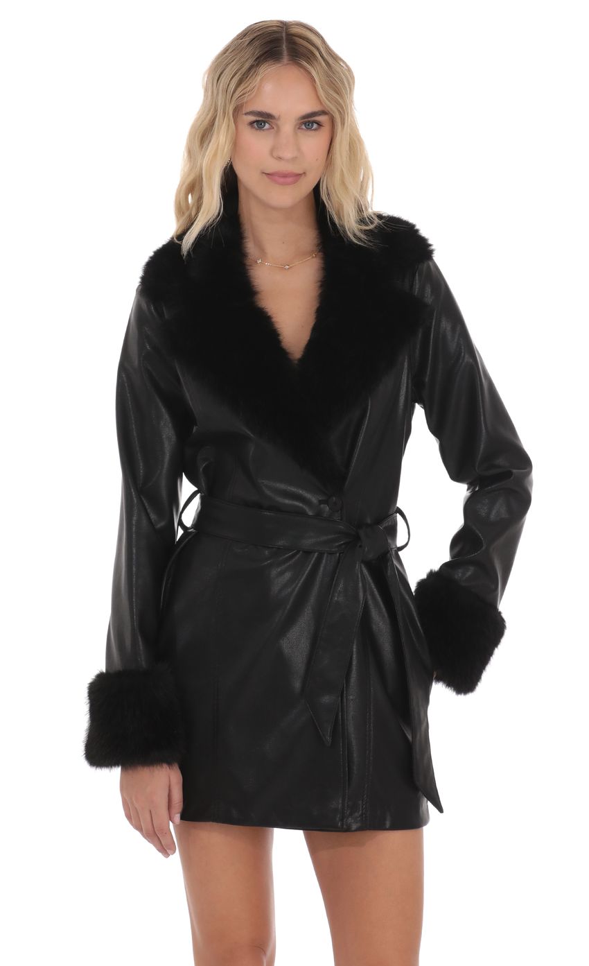Product image for Faux Fur Leather Trench in Black