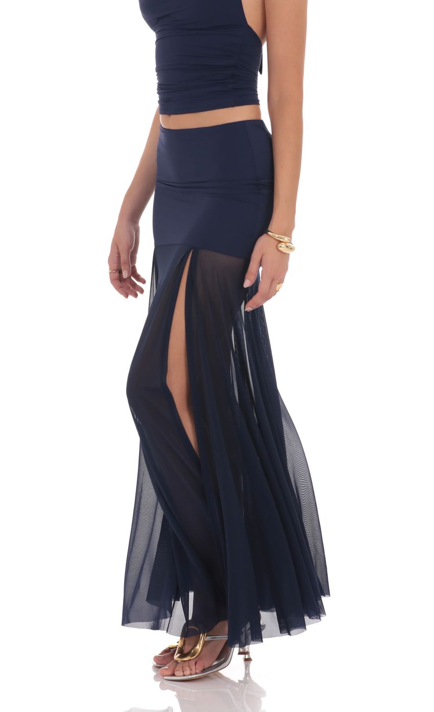 Picture Mesh Fishtail Maxi Skirt in Navy. Source: https://media-img.lucyinthesky.com/data/product-media/850xAUTO/077177b1-9d9b-4b13-888b-09efa9825cbf.jpg