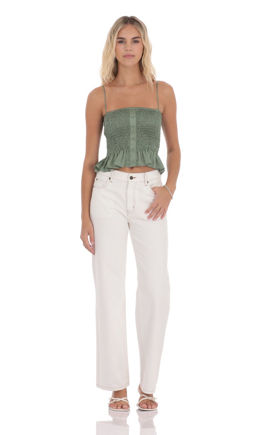 Product image for Satin Smocked Striped Button Top in Sage
