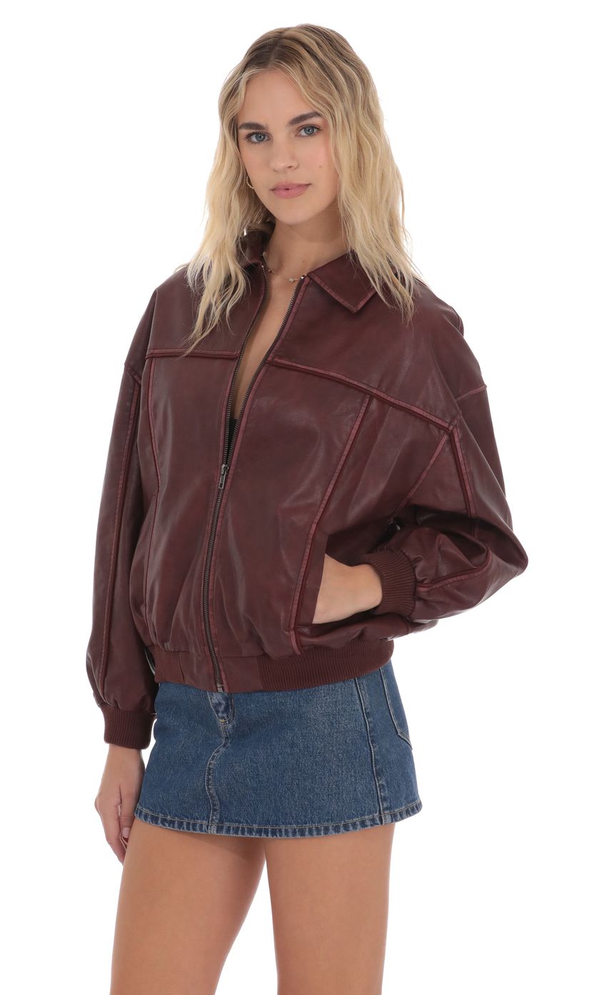 Product image for Faux Leather Bomber in Burgundy