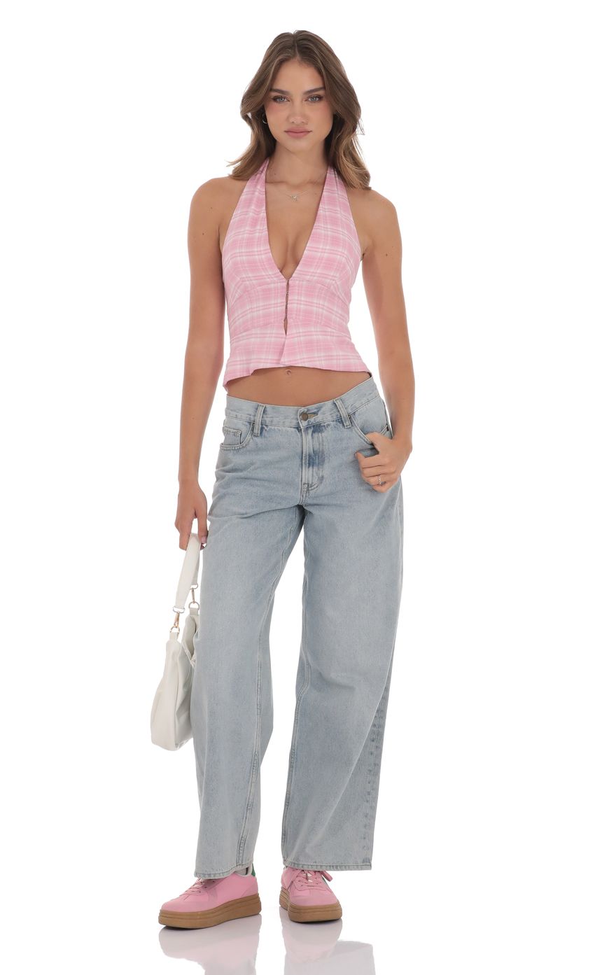 Product image for Plaid V-Neck Halter Top in Pink