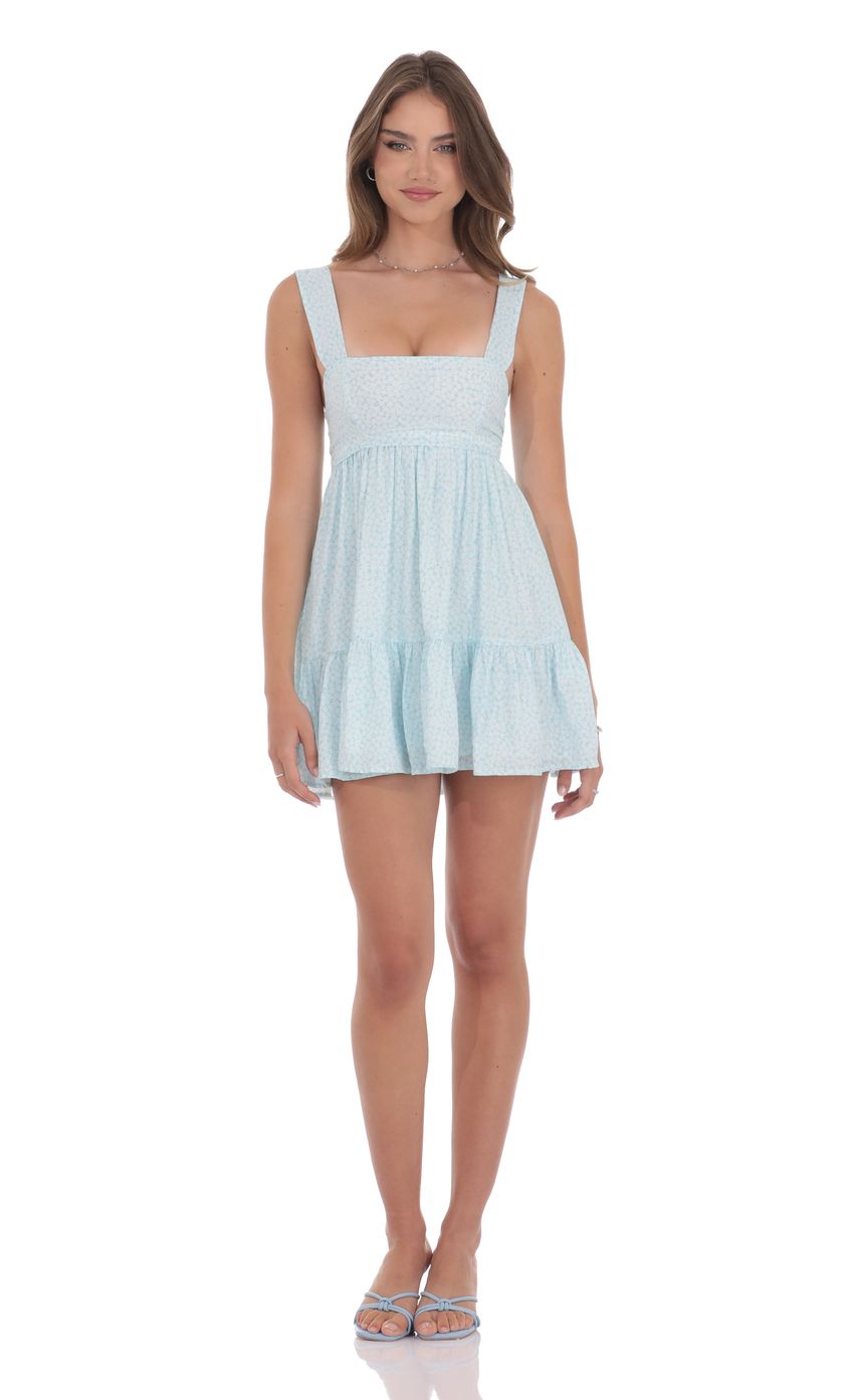 Product image for Floral Square Neckline Babydoll Dress in Blue and White