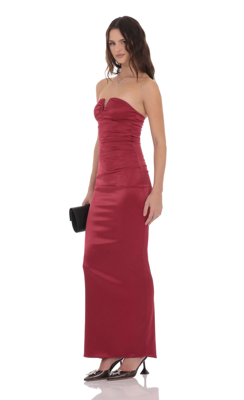 Product image for Satin V-Strapless Maxi Dress in Maroon