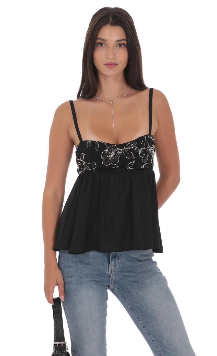 Product image for Beaded Babydoll Top in Black