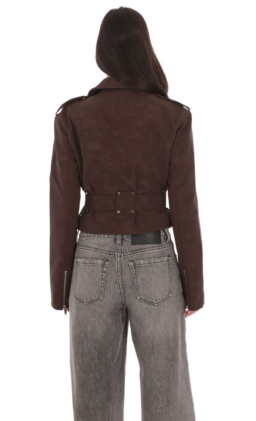 Product image for Faux Leather Cropped Moto Jacket in Brown