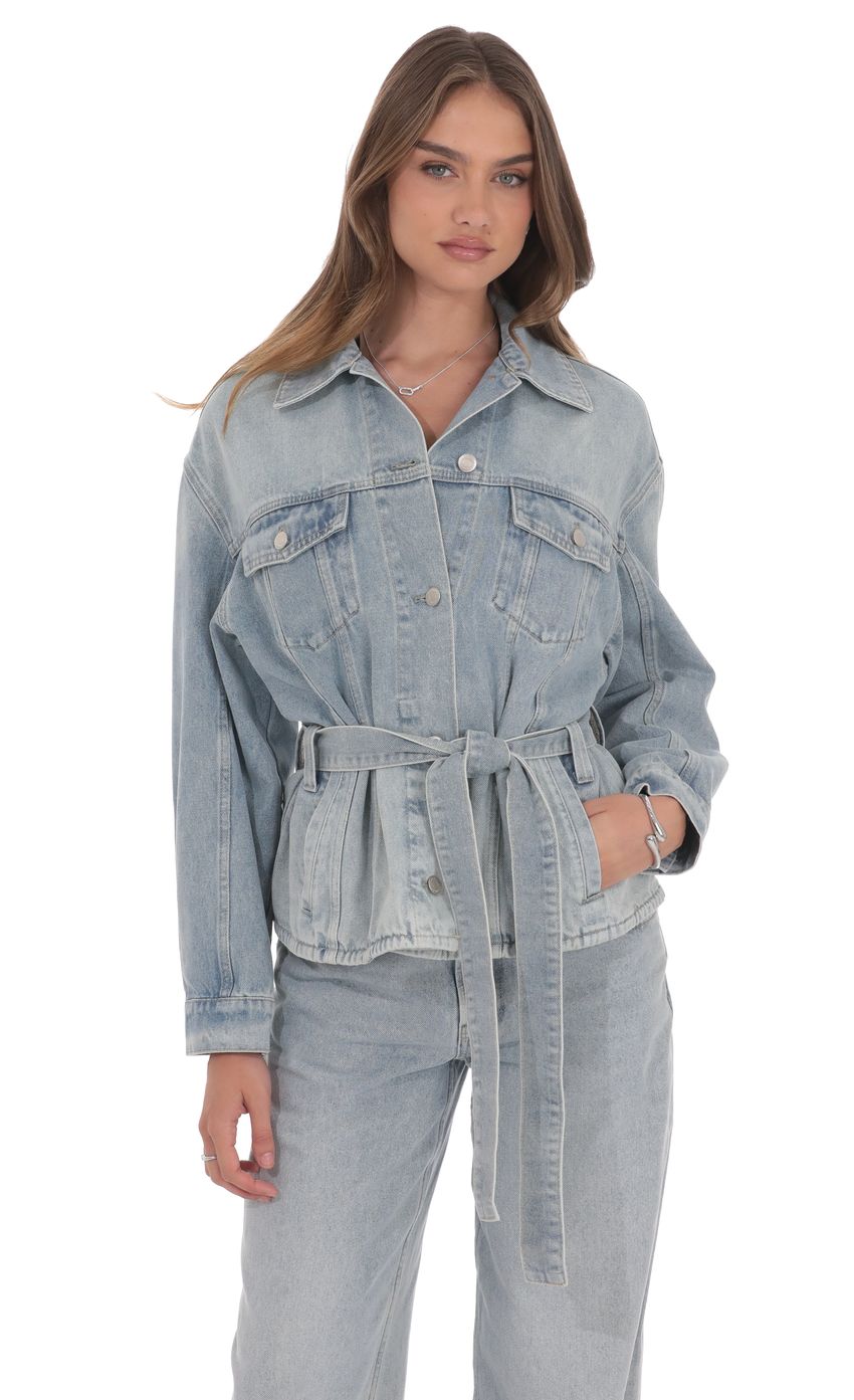 Product image for Oversized Belted Denim Jacket in Light Blue