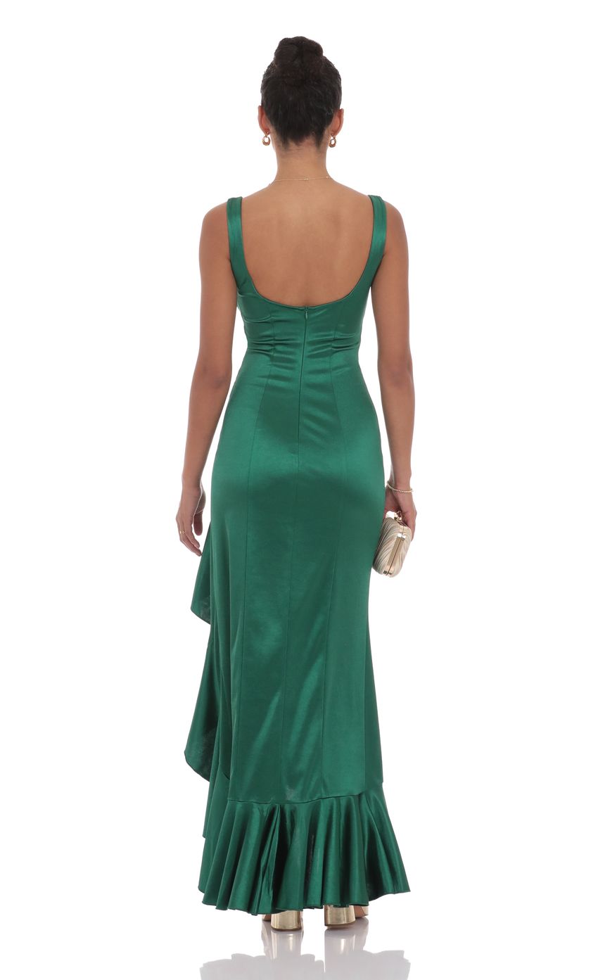 Picture Satin Ruched Ruffle Slit Maxi Dress in Green. Source: https://media-img.lucyinthesky.com/data/product-media/850xAUTO/097eb209-e875-4431-b23e-4cec58b687a5.jpg