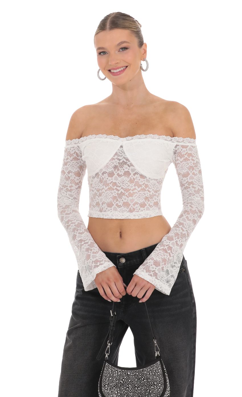 Picture Off Shoulder Sheer Lace Top in White. Source: https://media-img.lucyinthesky.com/data/product-media/850xAUTO/0a585abb-2429-438c-a6c8-22b78e744c90.jpg