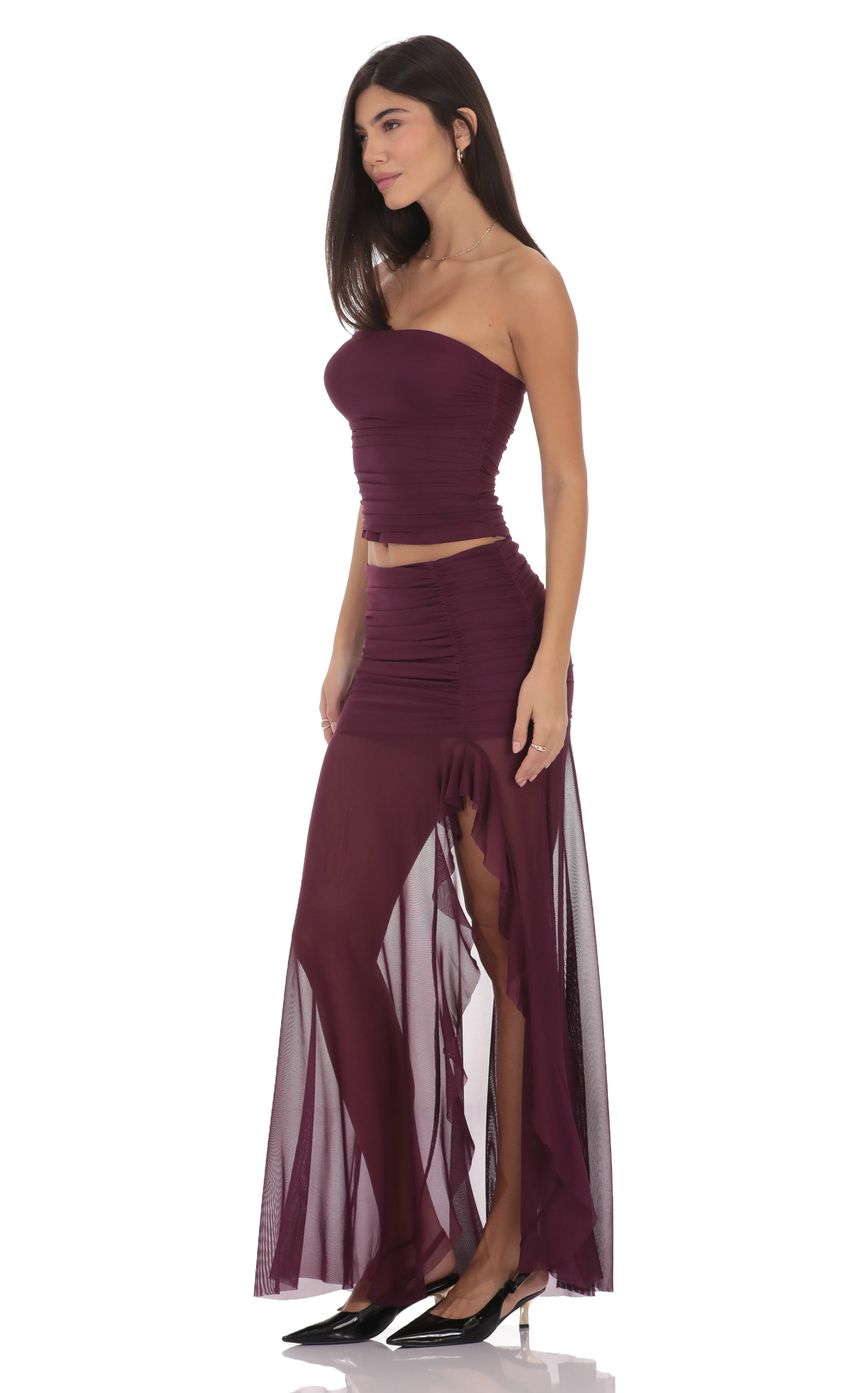 Product image for Mesh Fishtail Maxi Skirt in Plum