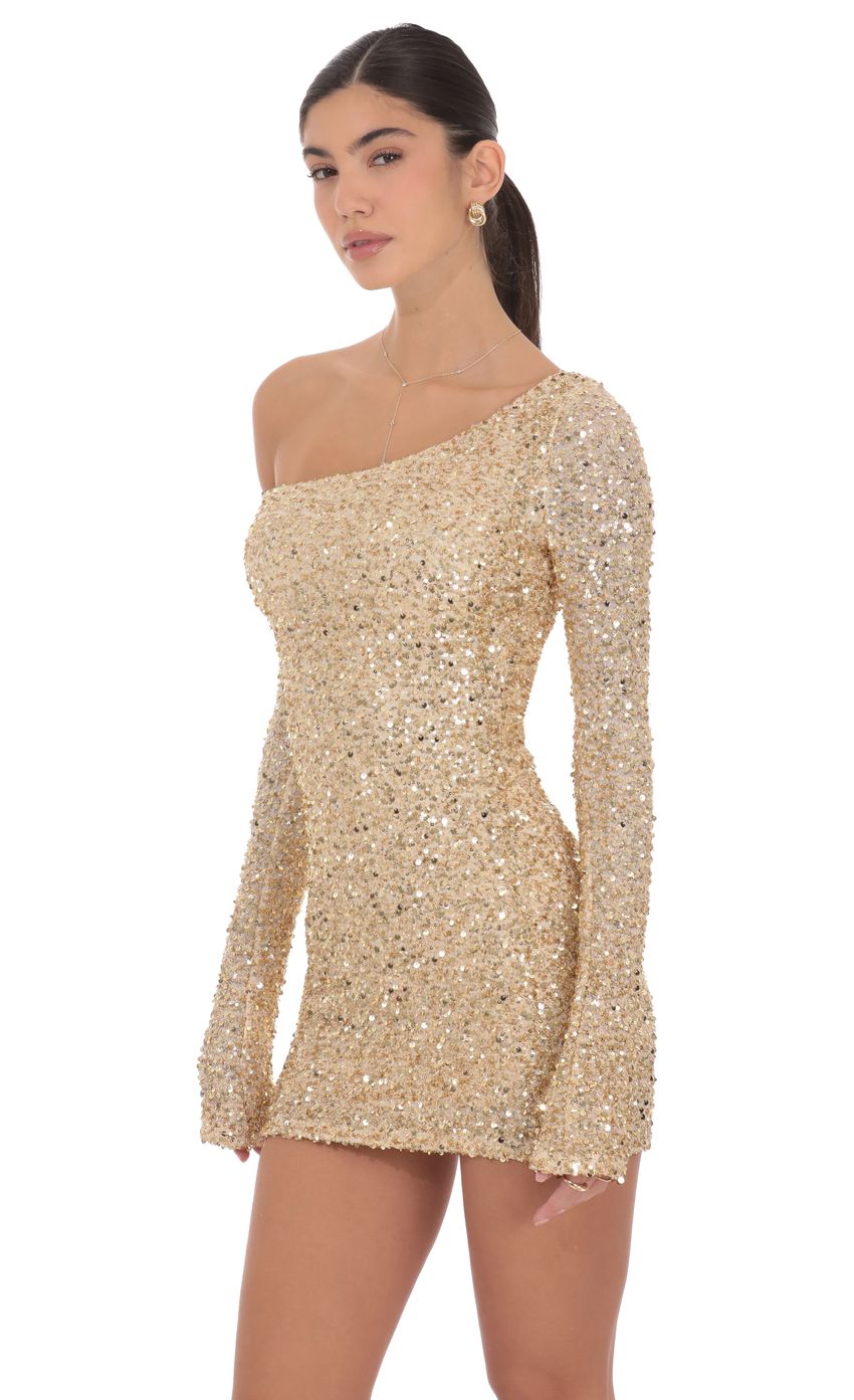 Product image for Sequin One Shoulder Bodycon Dress in Gold