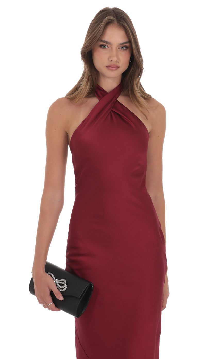 Product image for Satin Cross Halter Maxi Dress in Wine
