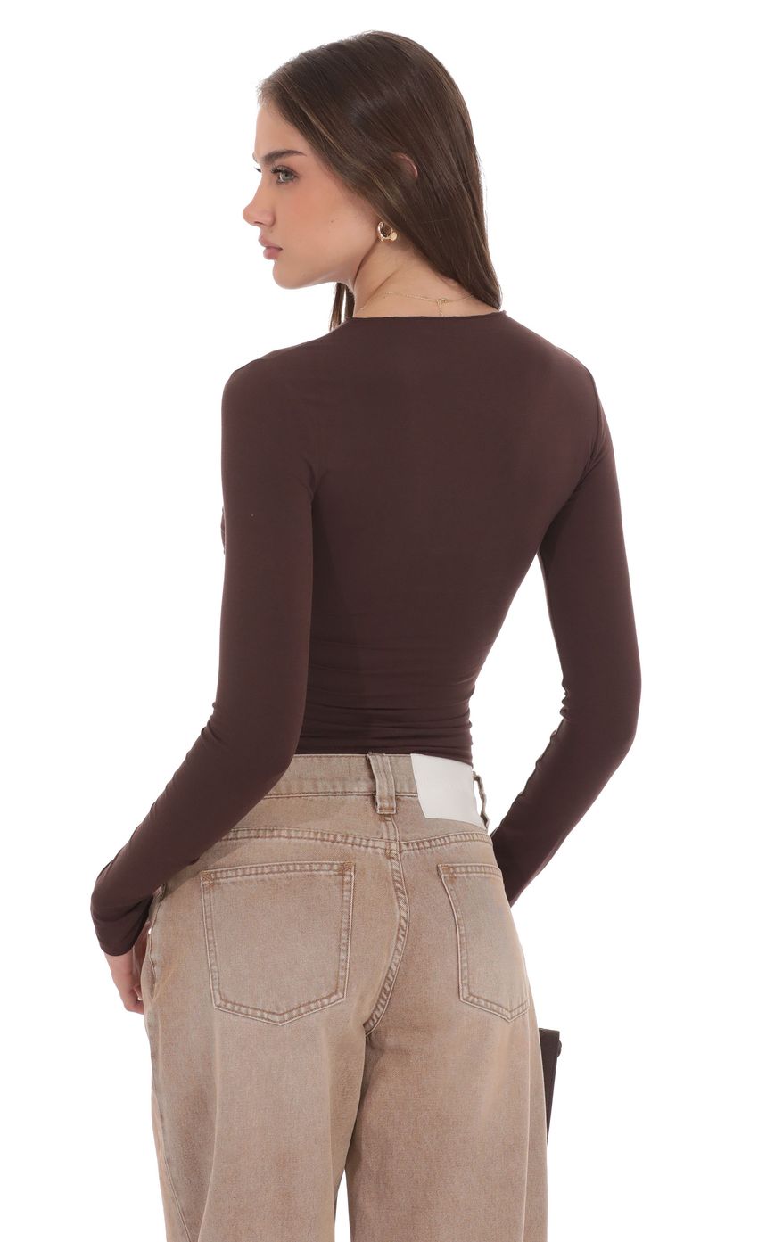 Product image for High Neck Ruched Long Sleeve Top in Brown