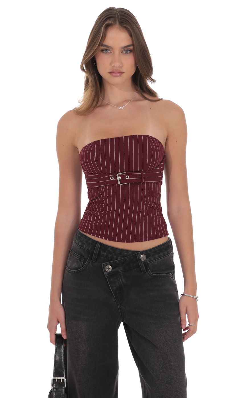 Product image for Pinstripe Strapless Buckle Top in Burgundy