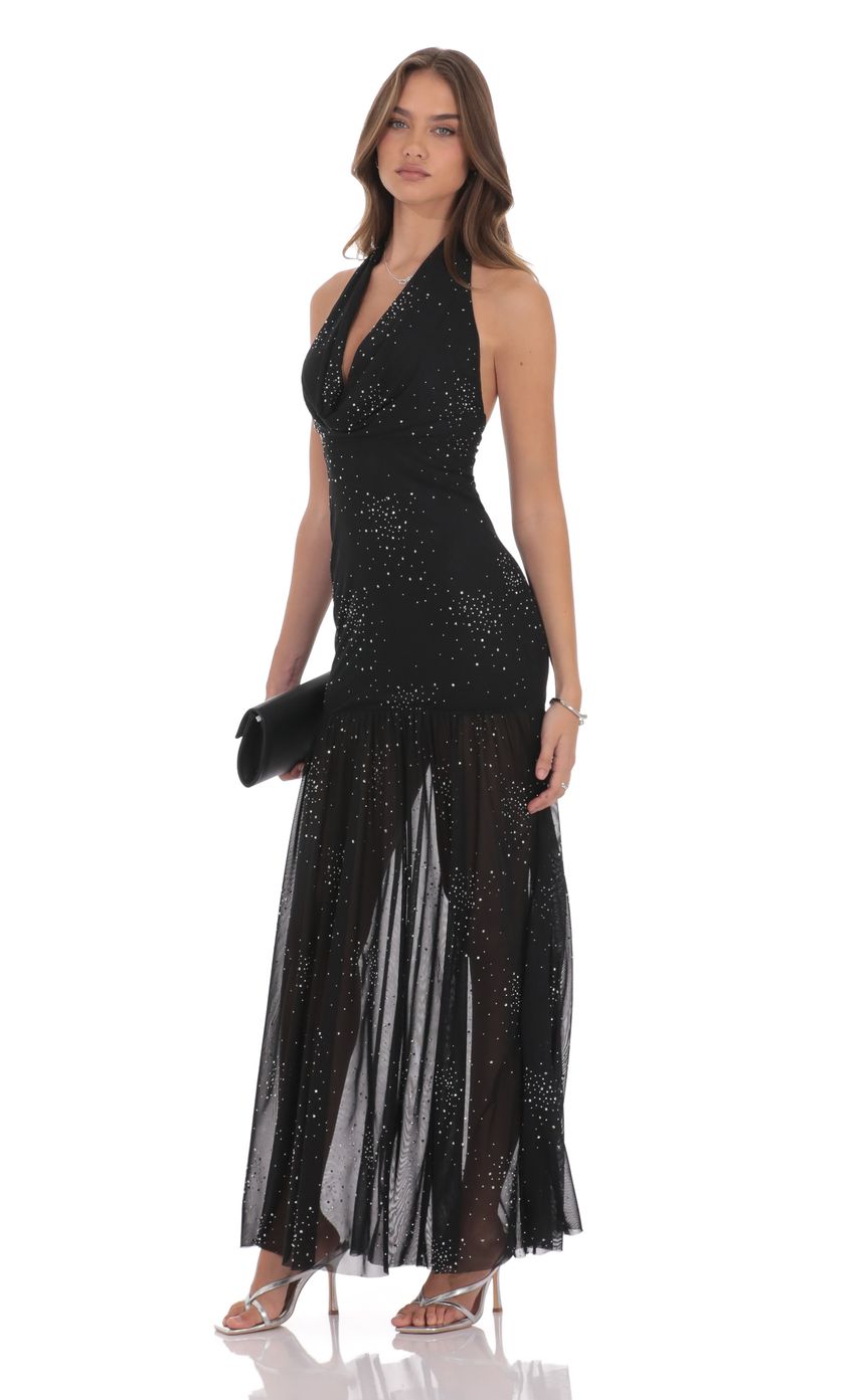 Product image for Rhinestone Plunge Cowl Neck Maxi Dress in Black