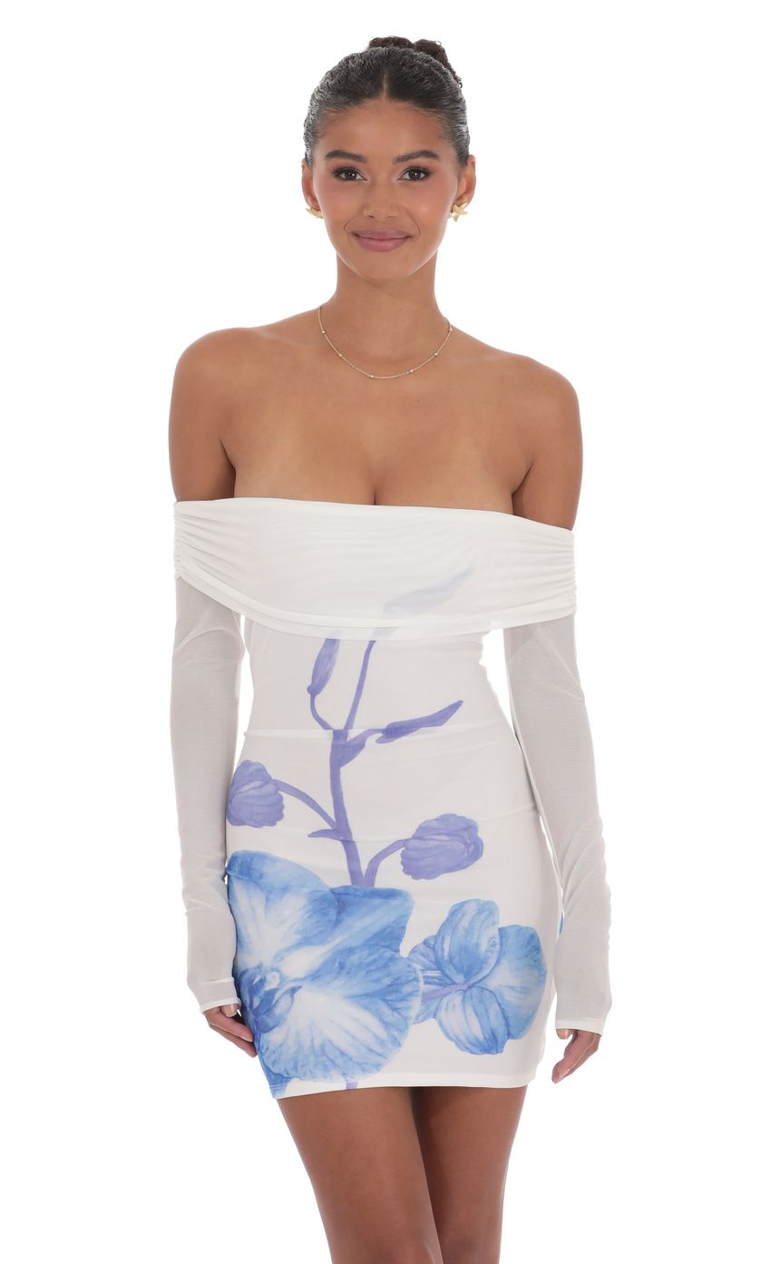 Picture Floral Mesh Off Shoulder Dress in White. Source: https://media-img.lucyinthesky.com/data/product-media/850xAUTO/0dd1b93b-75d1-41e6-8eff-eb7452db7035.jpg