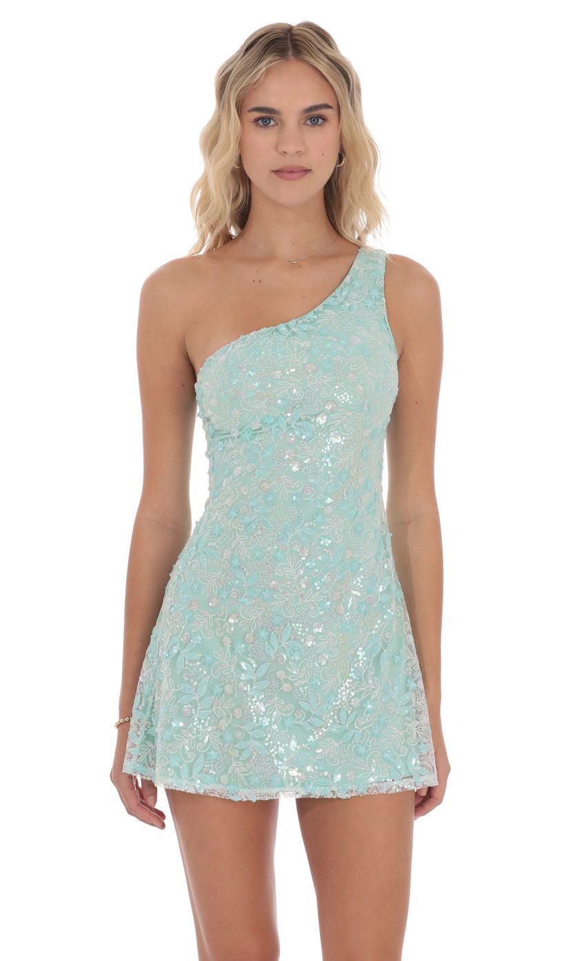 Product image for Sequin Floral One Shoulder Dress in Seafoam