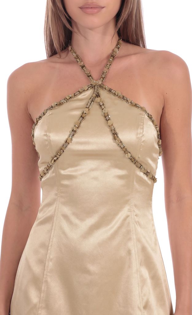 Product image for Embellished Halter Mini Dress in Champagne