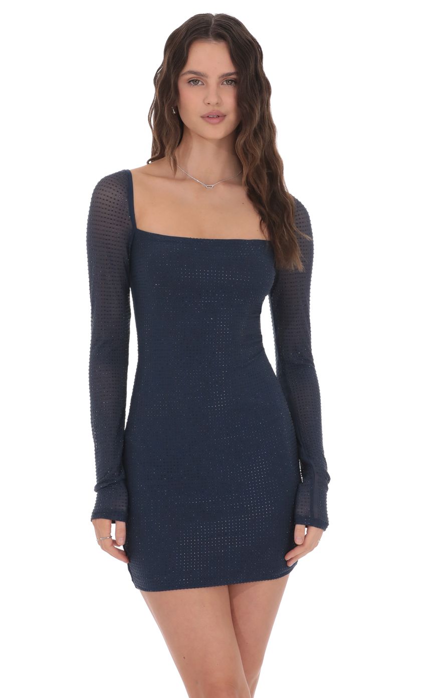 Product image for Rhinestone Long Sleeve Dress in Navy