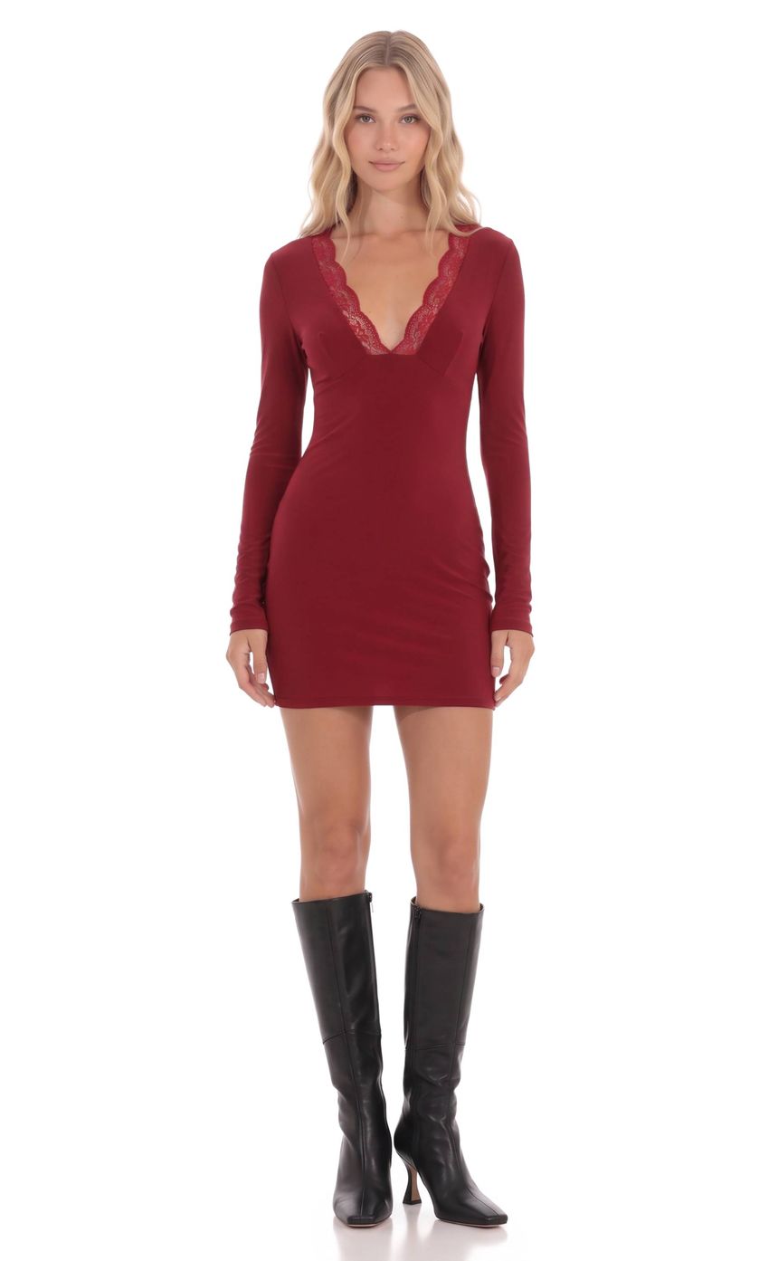 Product image for Lace Trim Long Sleeve Mini Dress in Burgundy