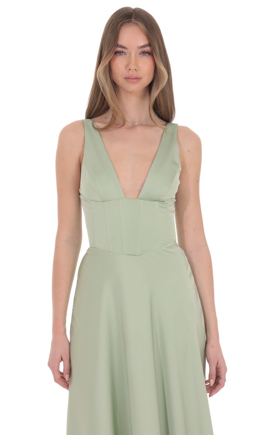 Product image for Satin Plunge Neck Corset Maxi Dress in Sage