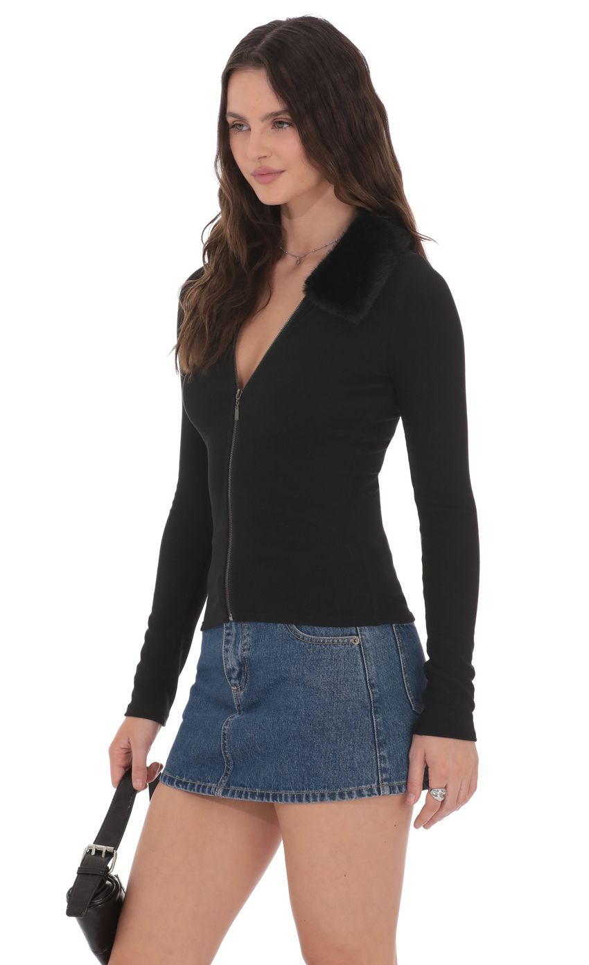 Product image for Fur Collar Zip-Up Cardigan in Black