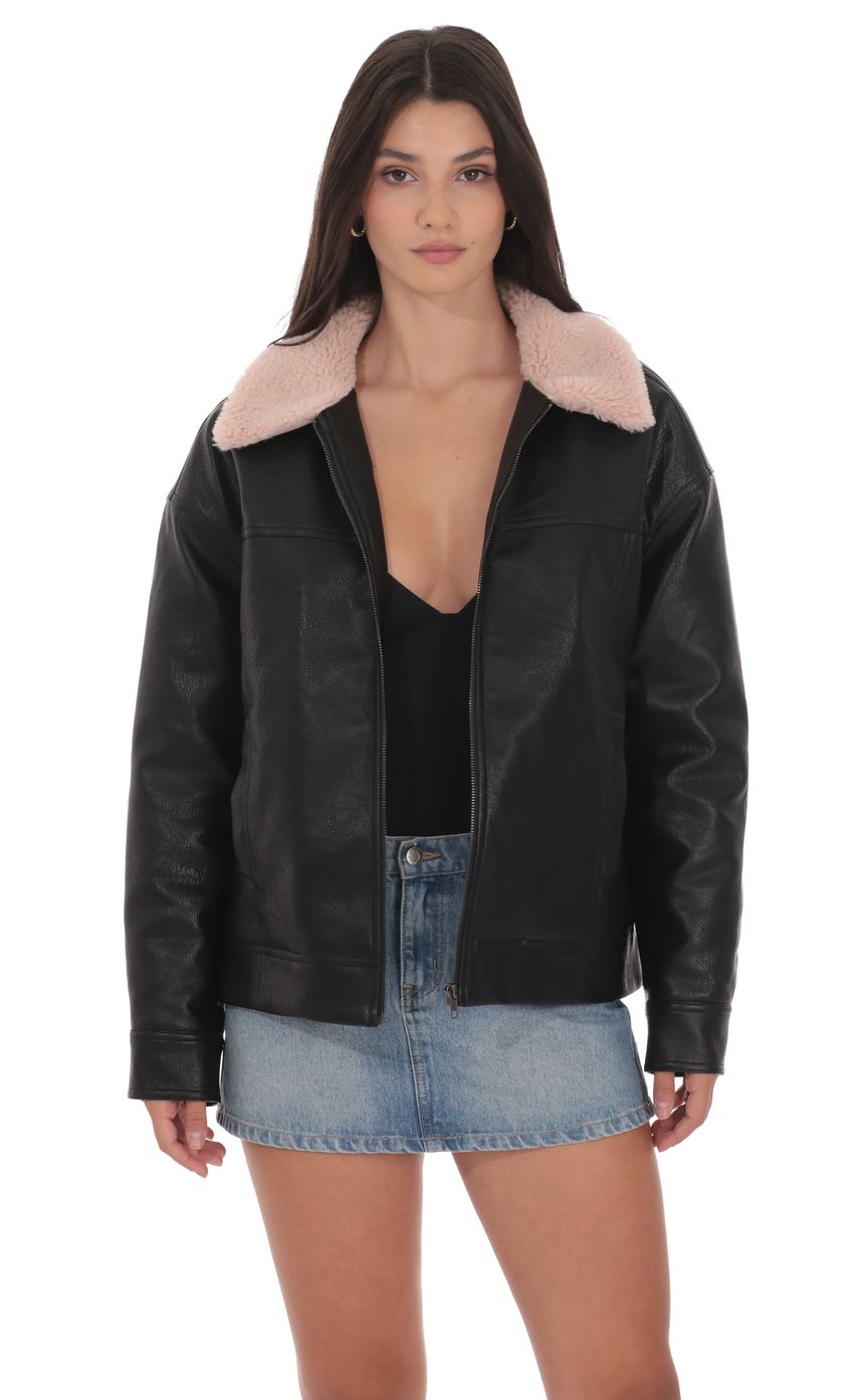 Product image for Faux Leather Sherpa Collar Jacket in Black