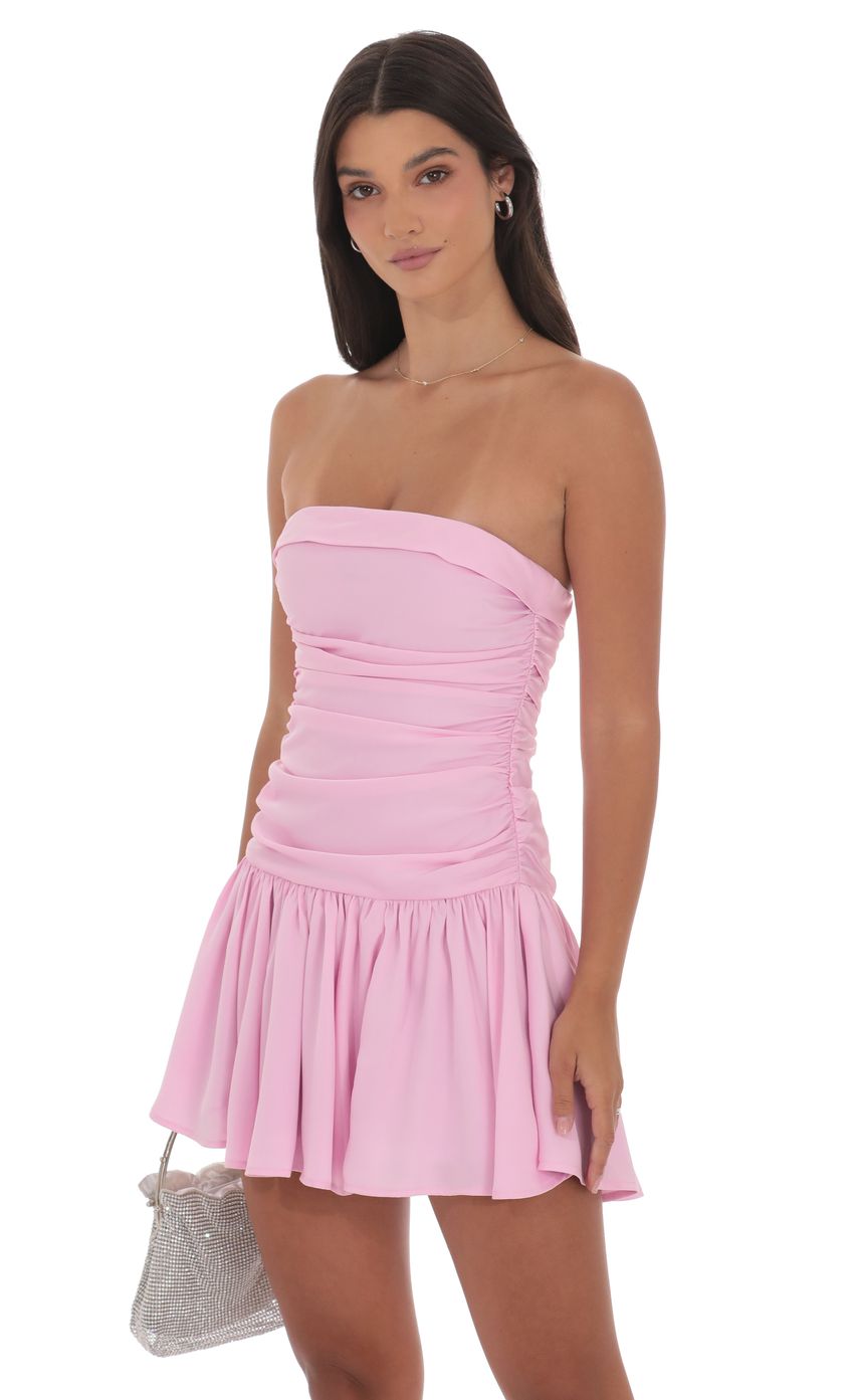 Product image for Matte Satin Strapless Ruched Flare Dress in Pink