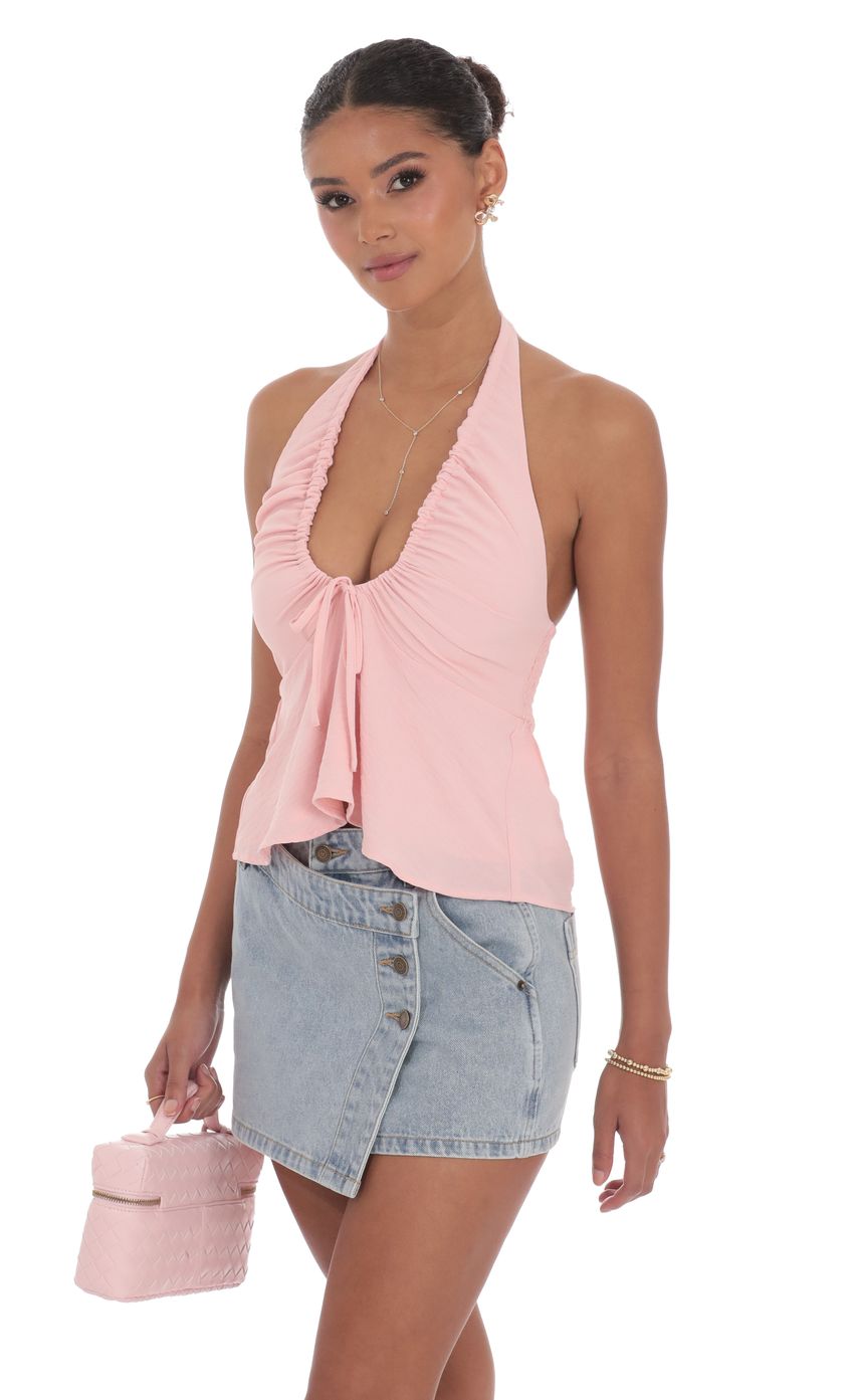 Picture Scrunch Halter Top in Pink. Source: https://media-img.lucyinthesky.com/data/product-media/850xAUTO/111b8a26-f486-4604-a31e-93280596d977.jpg