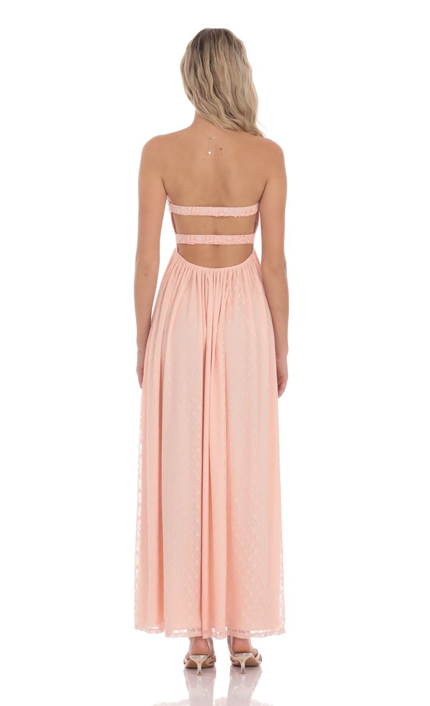 Picture Strapless Lace Cutout Dress in Peach. Source: https://media-img.lucyinthesky.com/data/product-media/850xAUTO/111f2238-77f4-4b70-95f2-082fc58545aa.jpg