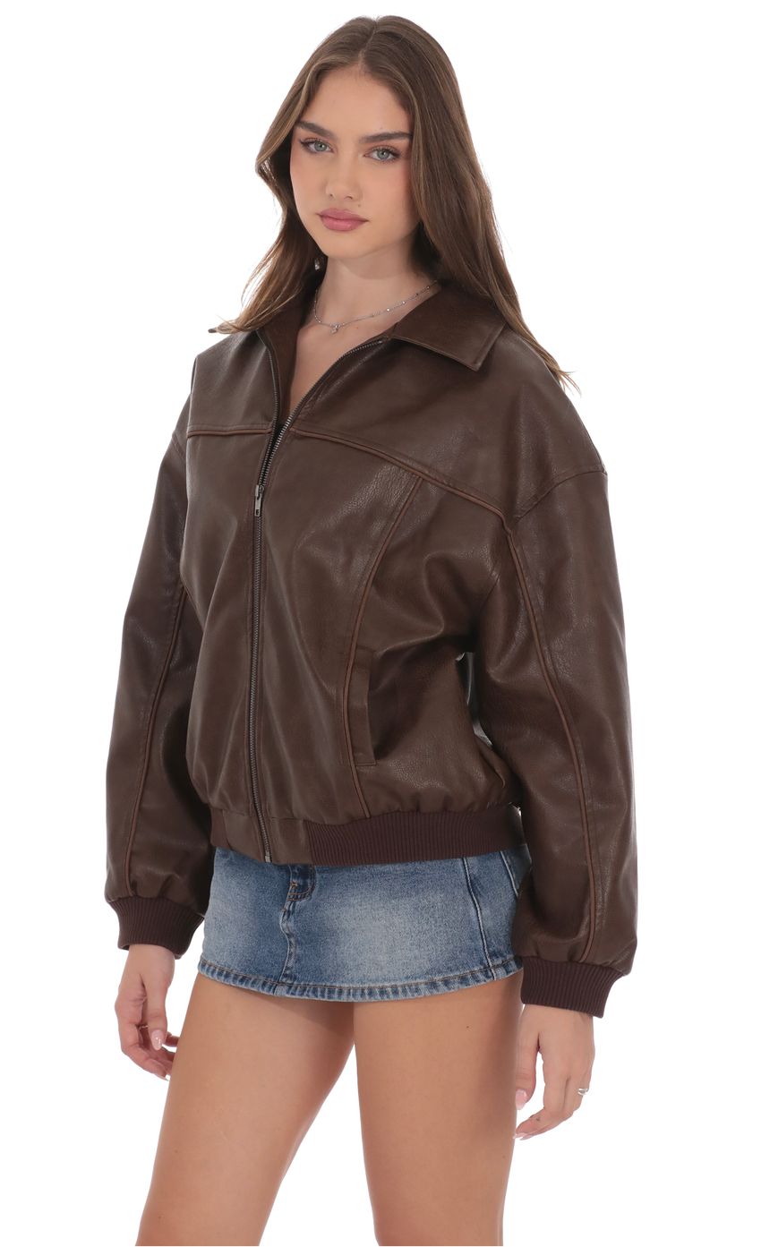 Product image for Faux Leather Bomber in Brown