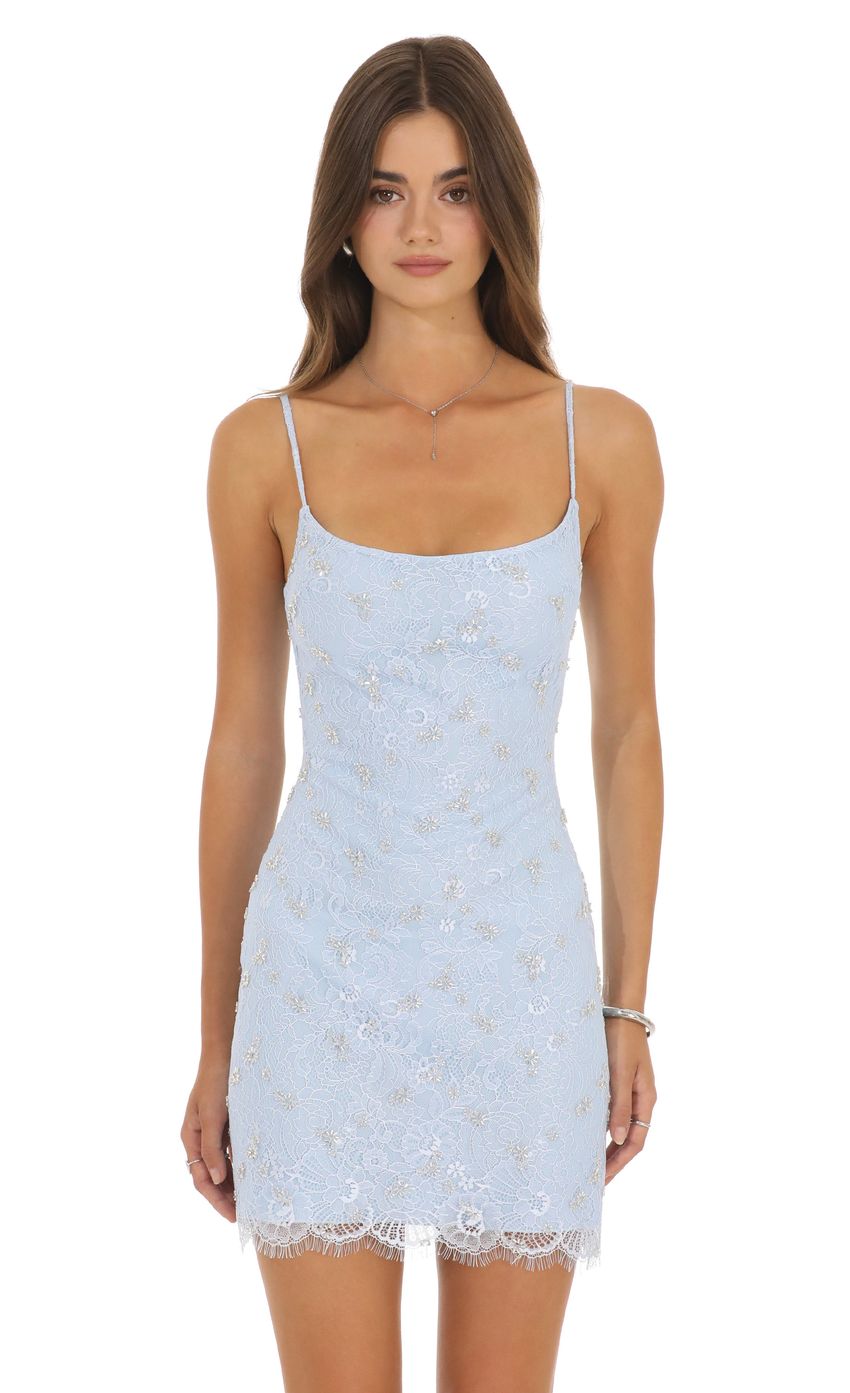 Product image for Beaded Lace Mini Dress in Light Blue