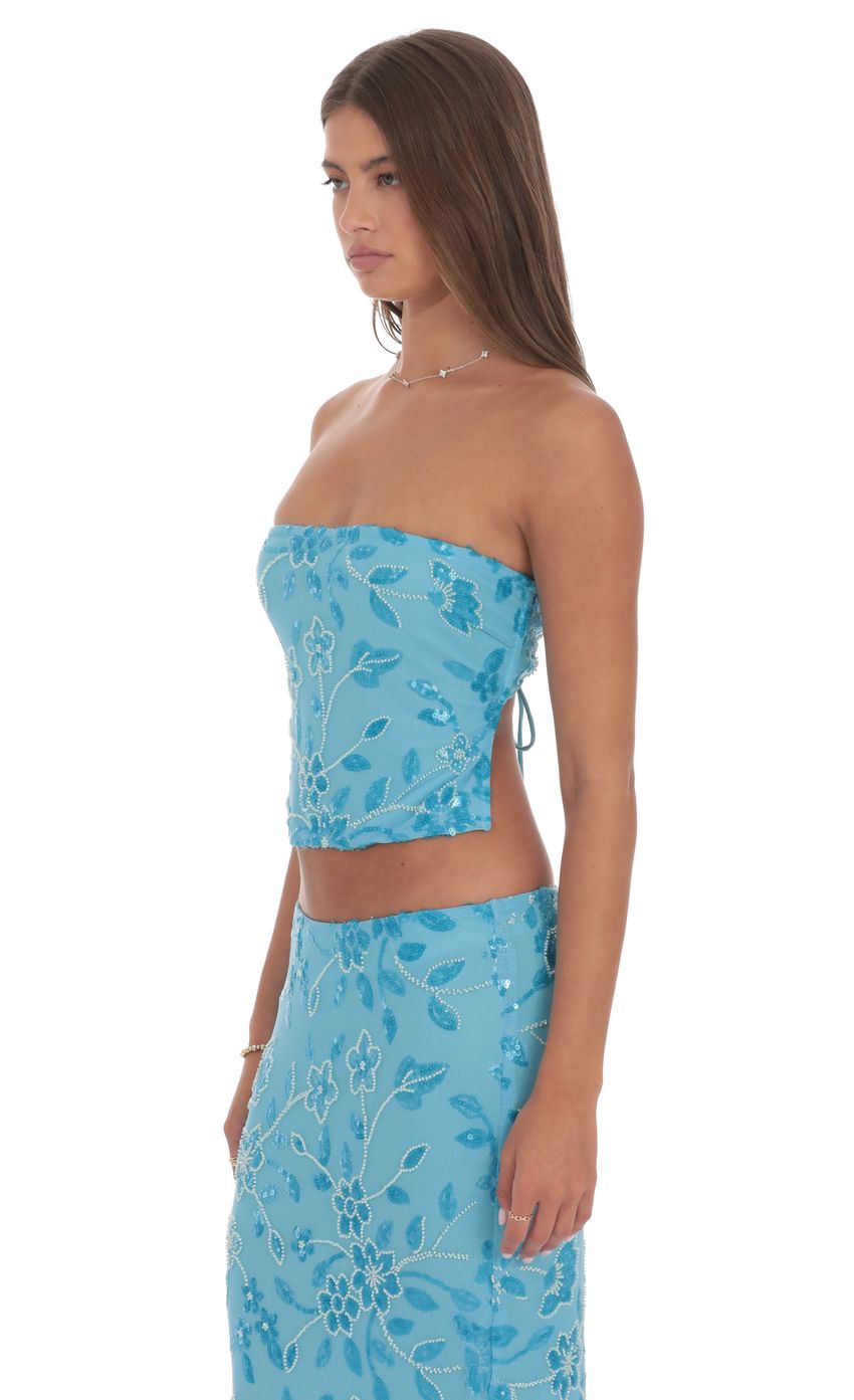 Product image for Strapless Beaded Floral Top in Aqua Blue
