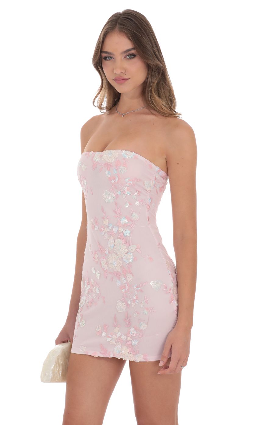 Picture Strapless Floral Sequin Bodycon Dress in Pink. Source: https://media-img.lucyinthesky.com/data/product-media/850xAUTO/134df85a-048b-4a86-acff-e4c90c8dcb2c.jpg
