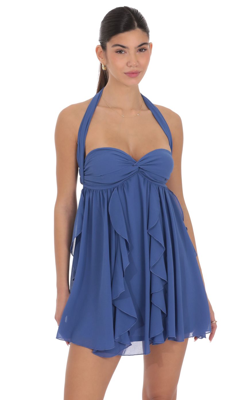 Product image for Halter Ruffle Babydoll Dress in Blue