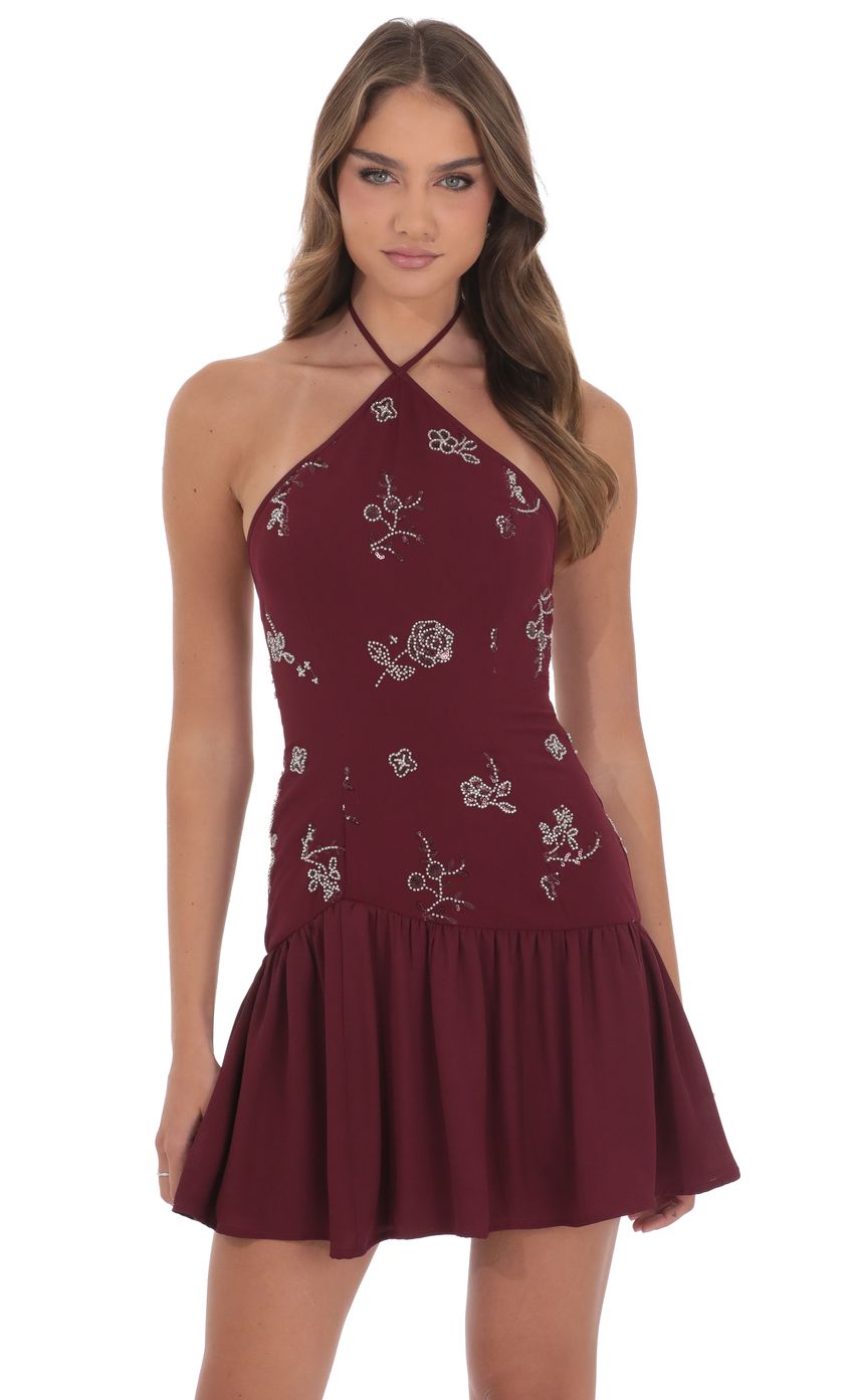 Product image for Floral Beaded Halter Dress in Burgundy