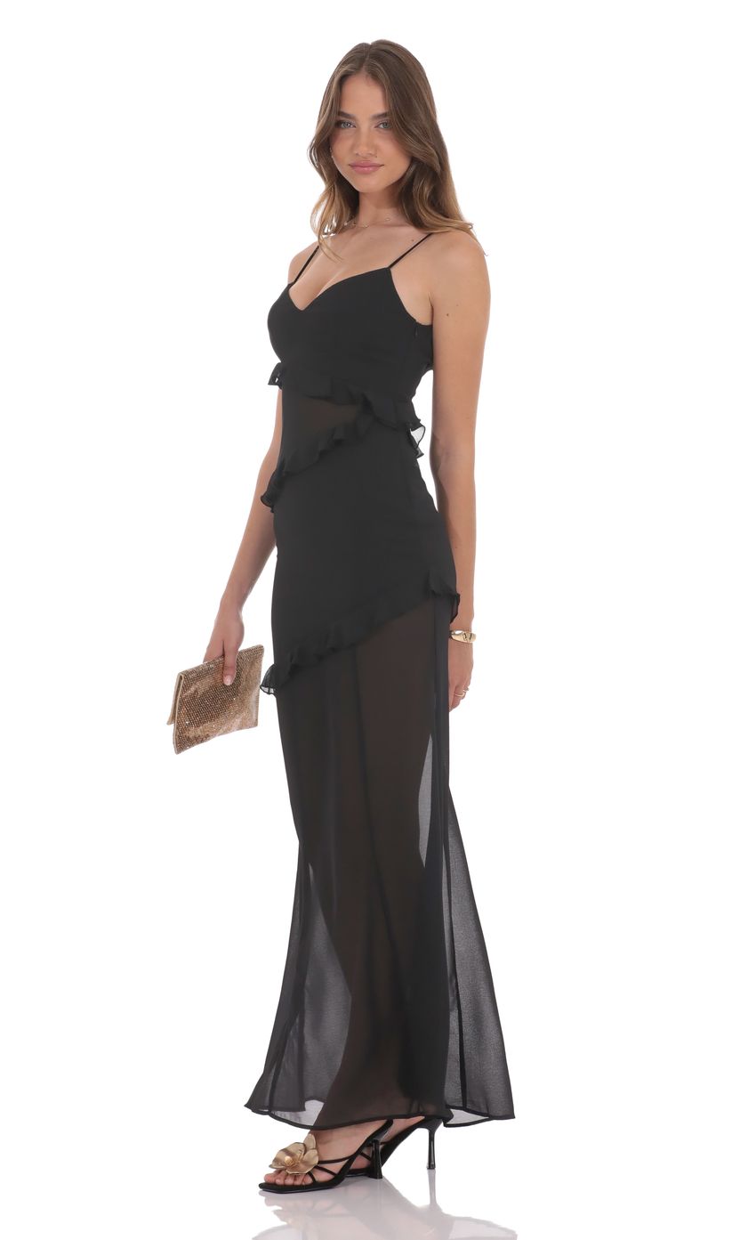 Picture Chiffon Ruffle Cutout Maxi Dress in Black. Source: https://media-img.lucyinthesky.com/data/product-media/850xAUTO/144b3fc8-144c-4d7a-8bfb-e948ed8fcd4a.jpg
