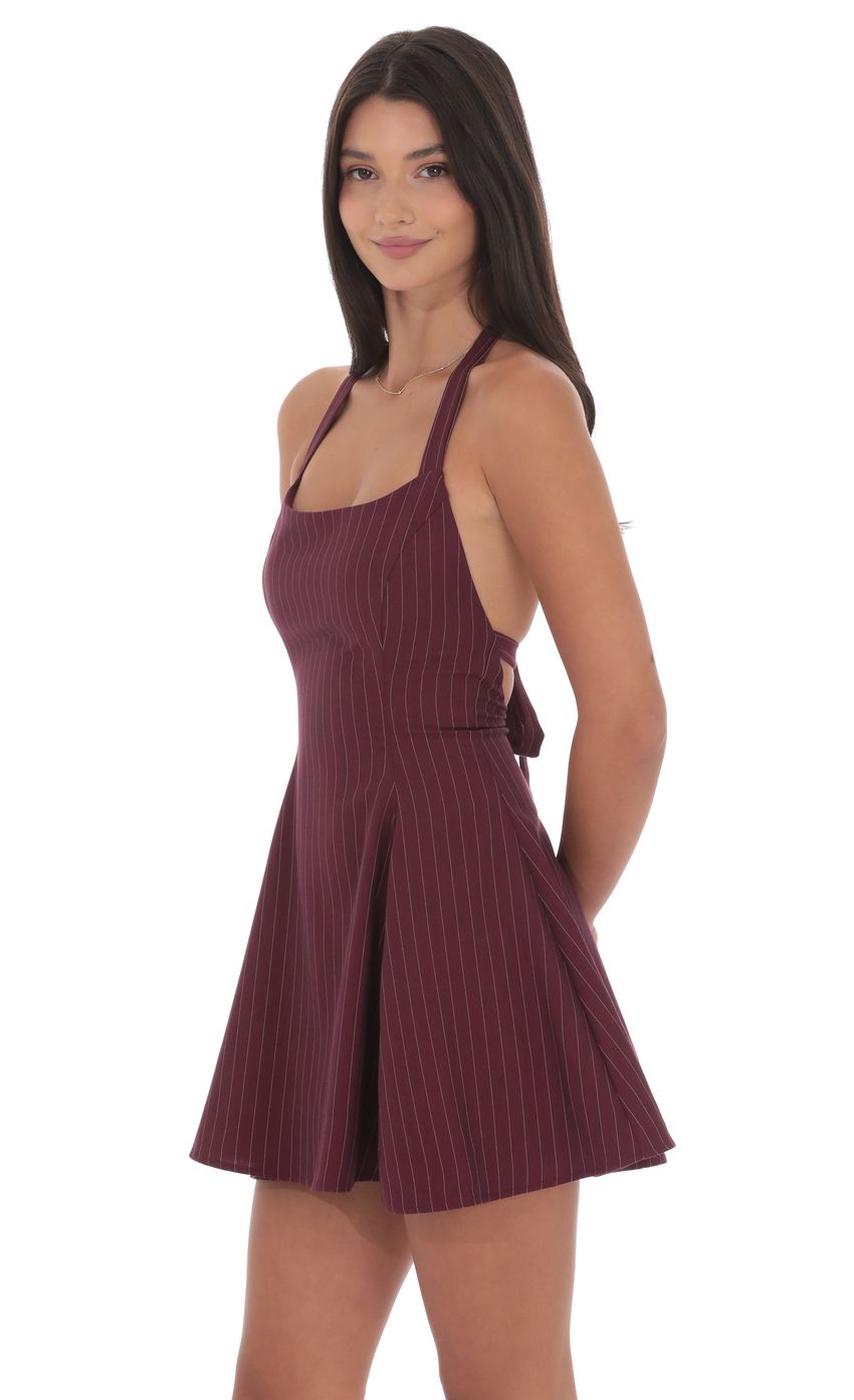 Product image for Pinstripe Halter Fit and Flare Dress in Burgundy