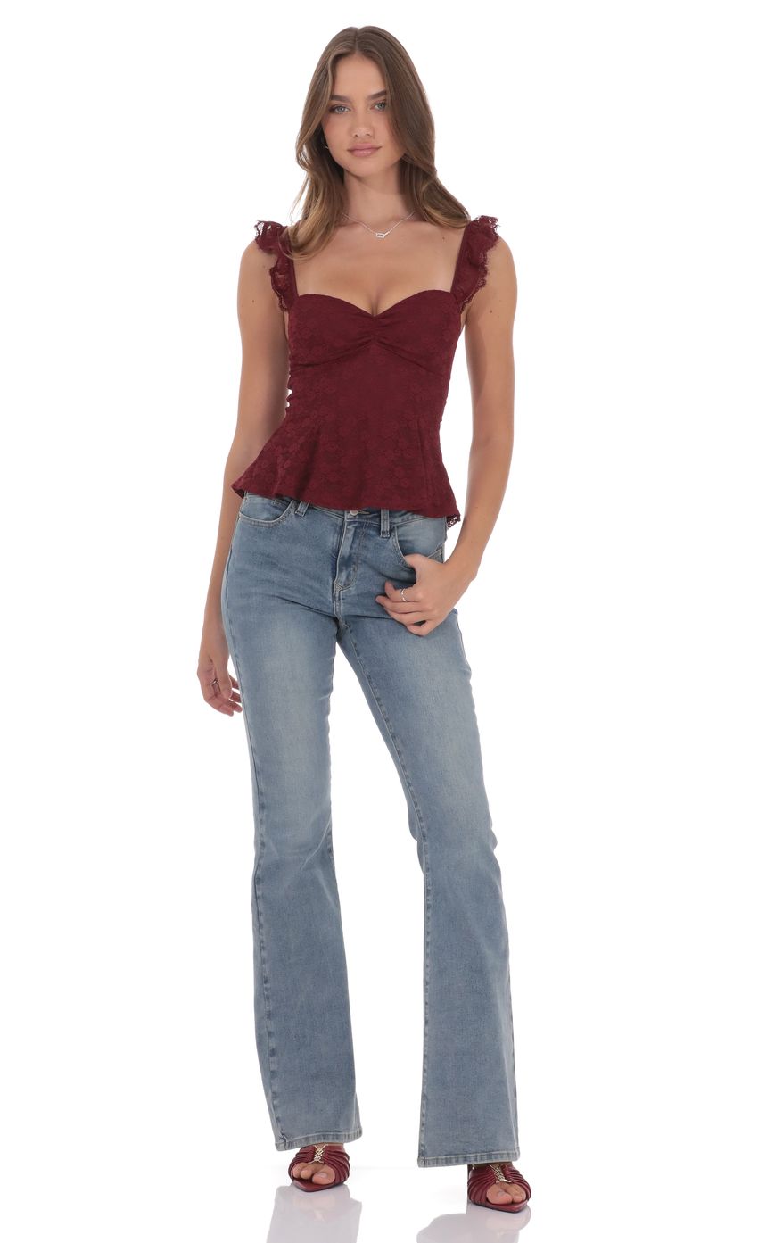 Product image for Lace Ruffle Strap Top in Burgundy