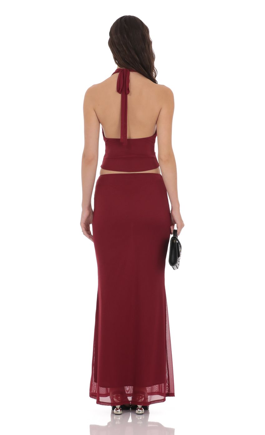 Product image for Mesh Plunge Neck Two Piece Set in Maroon