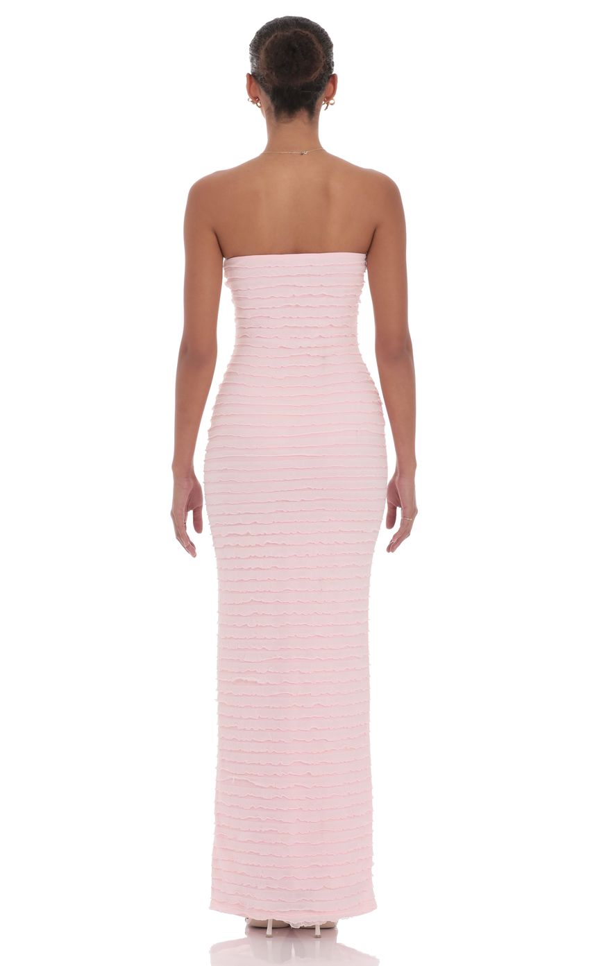 Picture Strapless Ruffle Maxi Dress in Pink. Source: https://media-img.lucyinthesky.com/data/product-media/850xAUTO/1740e878-62ee-4ce7-93c2-97ae7d94628e.jpg