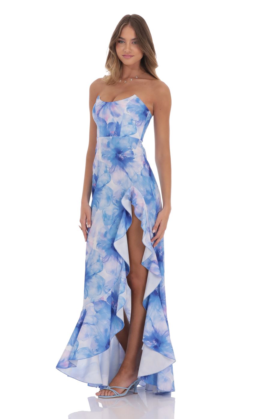 Picture Floral Ruffle Slit Strapless Corset Maxi Dress in Blue. Source: https://media-img.lucyinthesky.com/data/product-media/850xAUTO/17499a1e-3f4c-41bc-a583-4cde2983ed8e.jpg