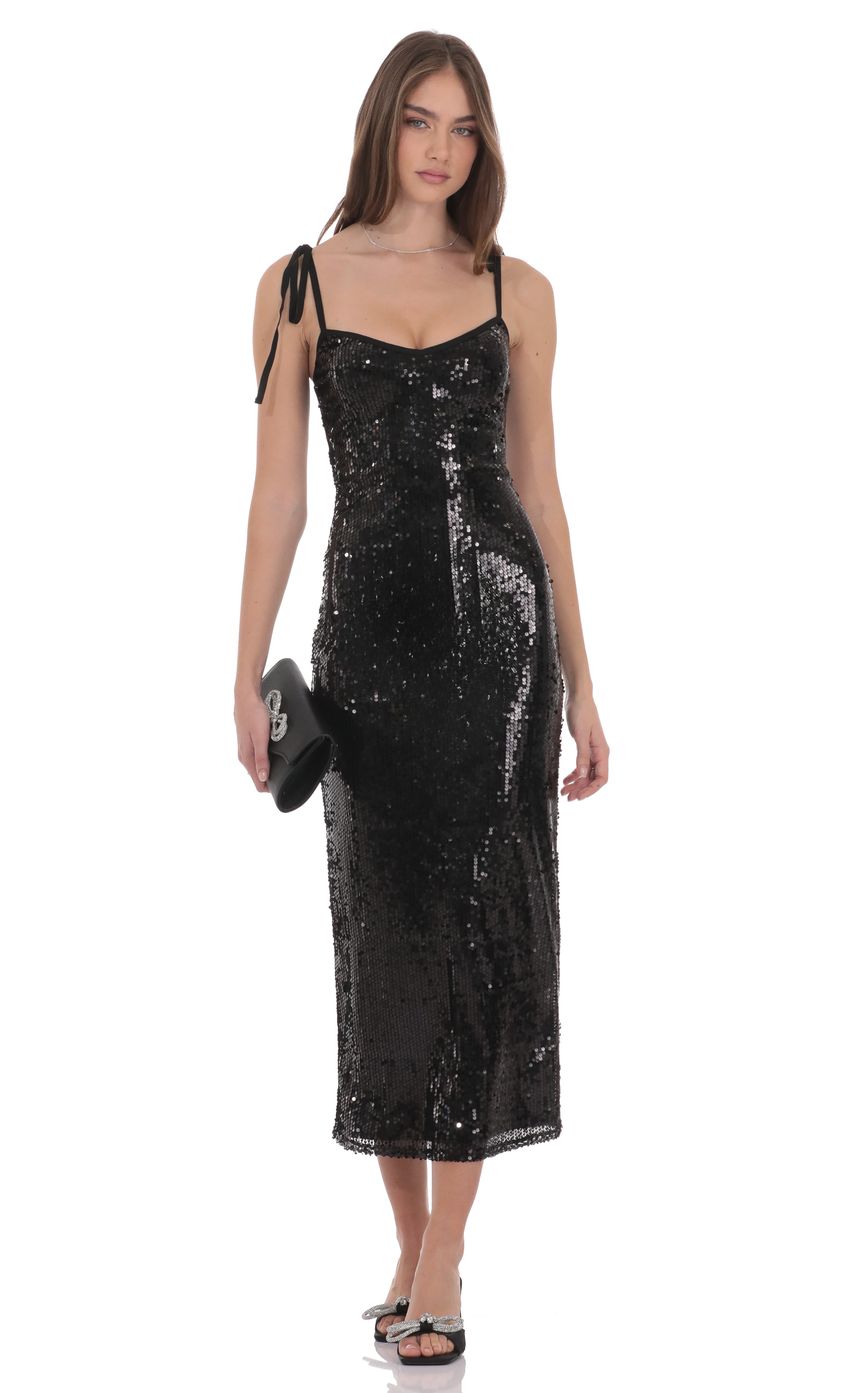 Product image for Sequin Shoulder Tie Maxi Dress in Black