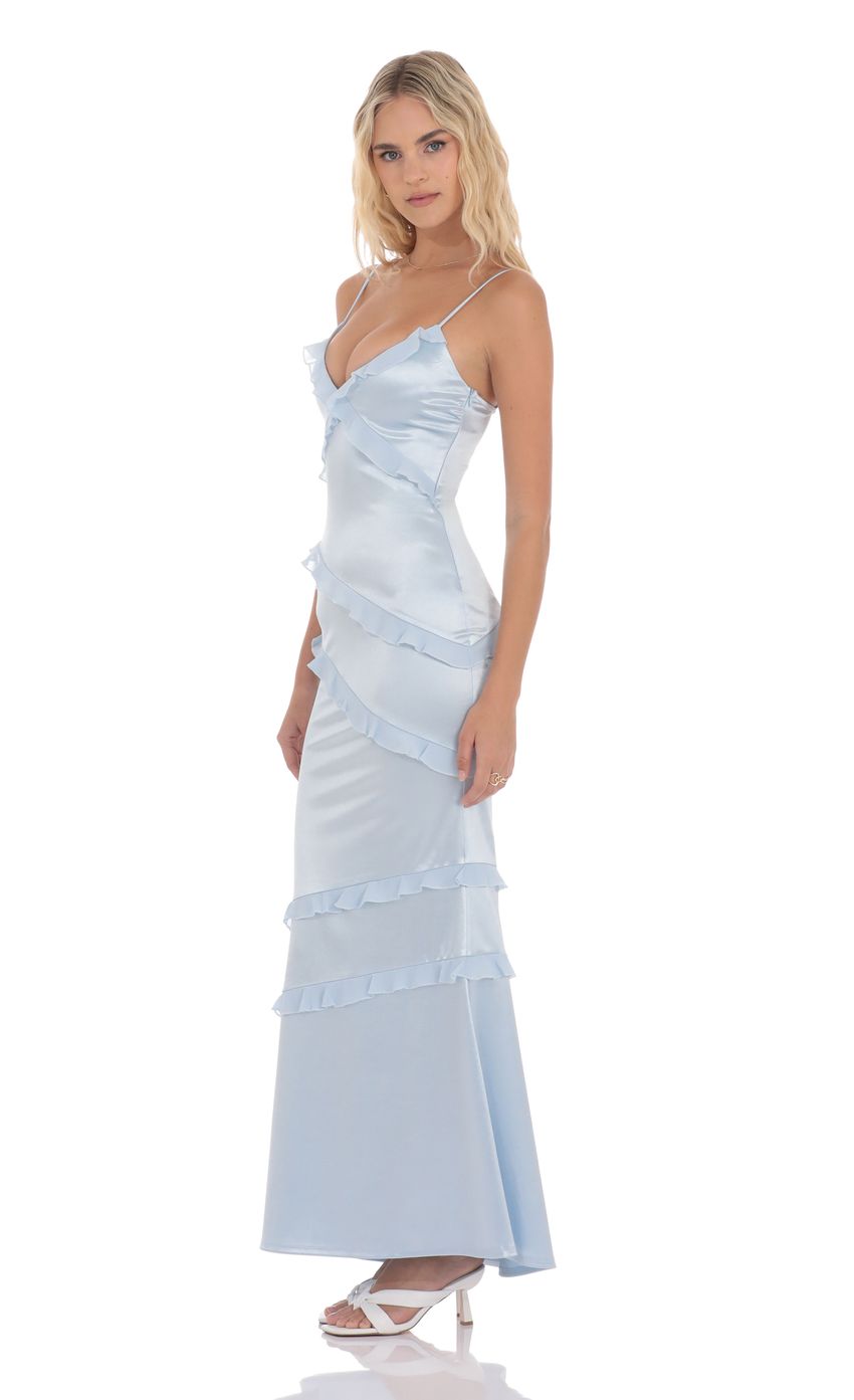 Picture Satin V-Neck Ruffle Mermaid Maxi Dress in Light Blue. Source: https://media-img.lucyinthesky.com/data/product-media/850xAUTO/18293169-62d7-4101-8cec-f80a26365ff9.jpg