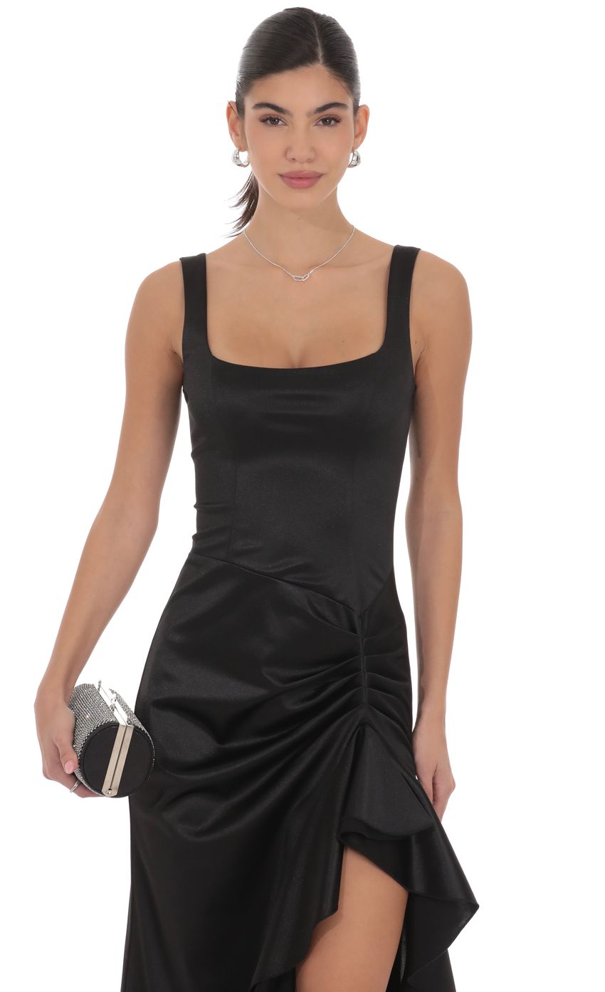 Product image for Satin Ruched Ruffle Slit Maxi Dress in Black