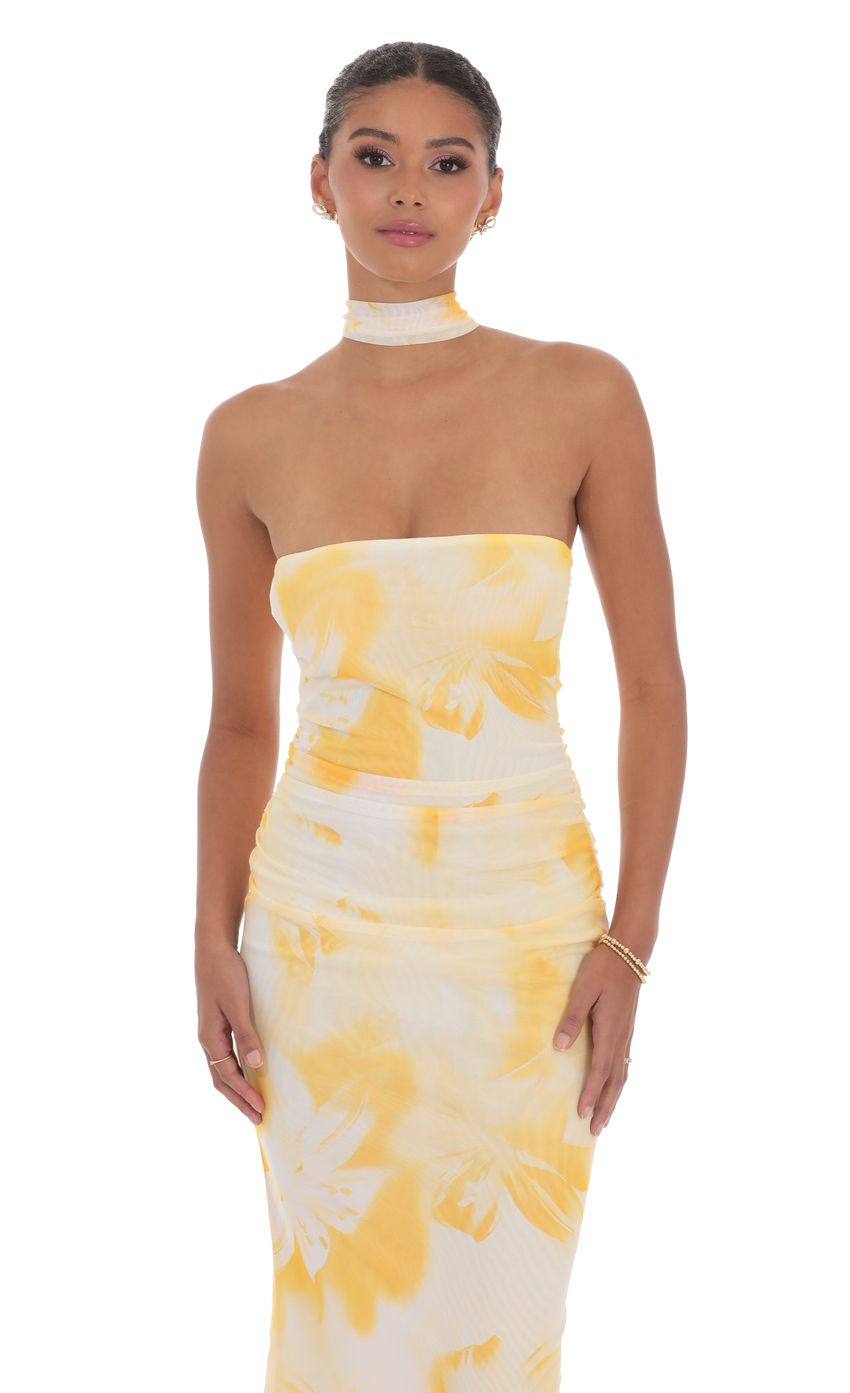Picture Scarf Mesh Floral Strapless Maxi Dress in Yellow. Source: https://media-img.lucyinthesky.com/data/product-media/850xAUTO/19a44328-877f-4191-b0f3-a3aebd9afa96.jpg