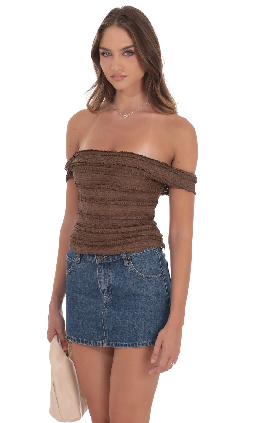 Product image for Ruffle Lace Off Shoulder Top in Brown
