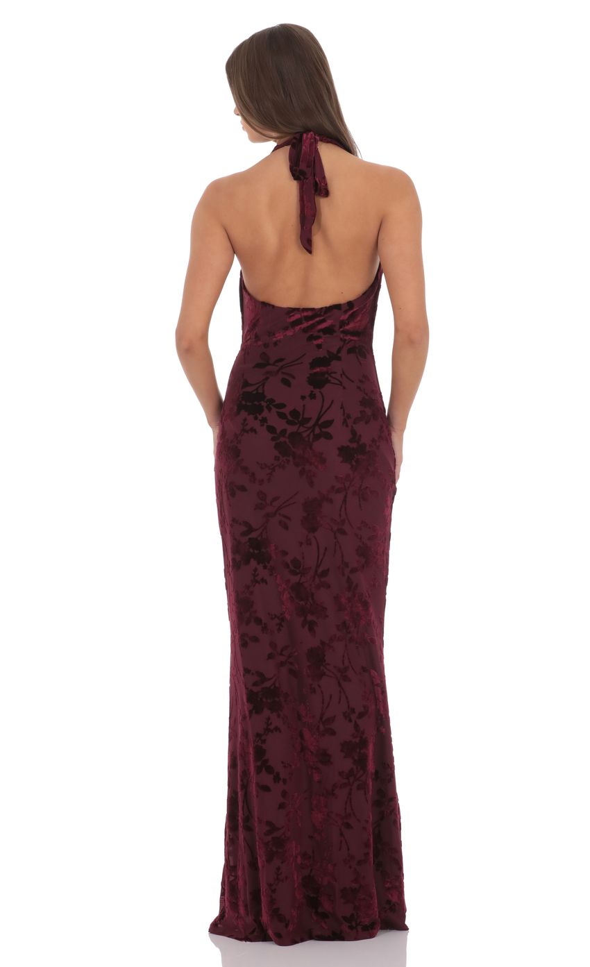 Product image for Velvet Floral Halter Cowl Neck Maxi Dress in Plum